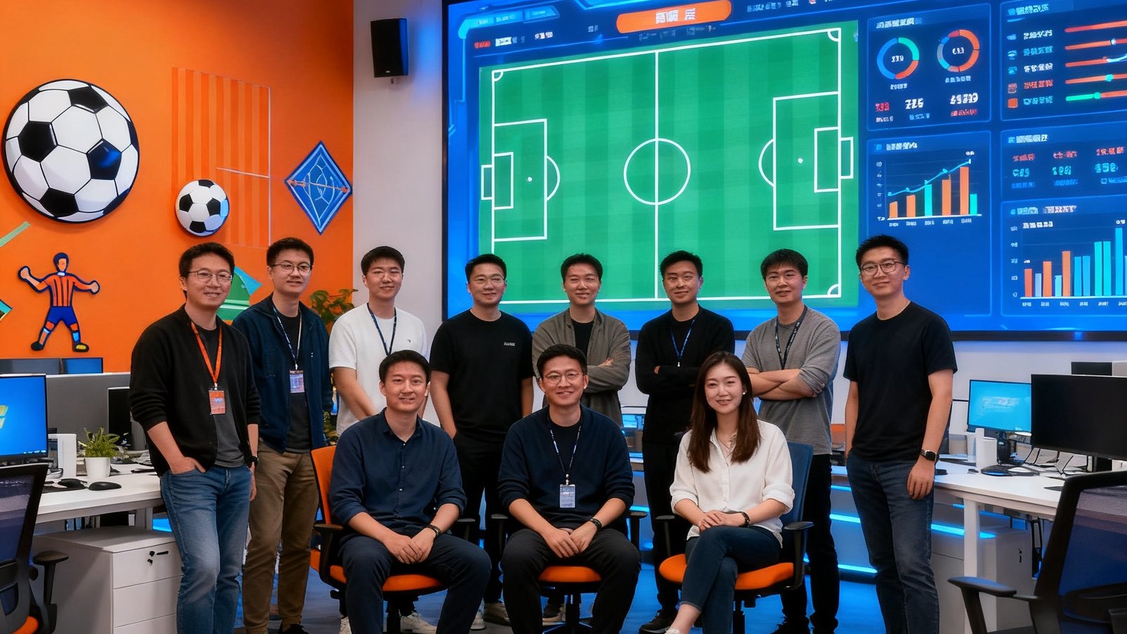 直播屋创始团队十余人在充满科技感与足球元素的开放式办公室内合影，背景是巨大的战术分析屏幕