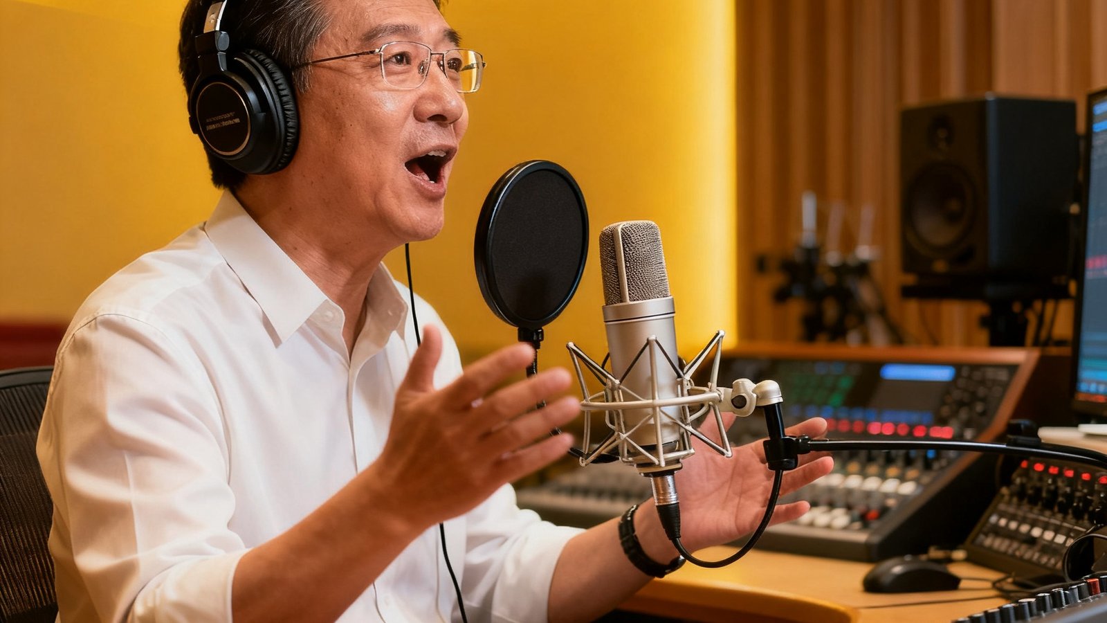 著名解说员詹俊戴着耳机，在直播屋的专业录音棚内对着麦克风激情解说